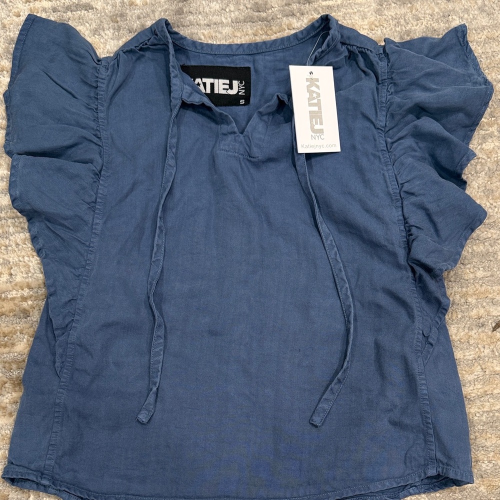Katie J NYC Indigo Tie-Neck Ruffle Sleeve Blouse